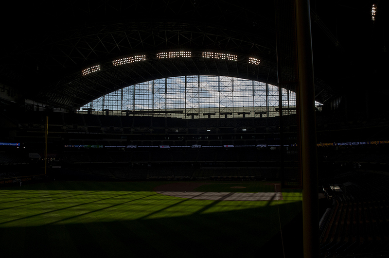20200808_0008web(1).jpg :: August 8, 2020: A picture of Miller Park as the sun shines through the panels along first base before the Major League Baseball game between the Milwaukee Brewers and the Cincinnati Reds at Miller Park in Milwaukee, WI. John Fisher/CSM