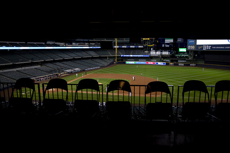 20200808_0350web(1).jpg :: August 8, 2020: A picture of the field from inside the walkway and concession stands looking at the empty seats during the Major League Baseball game between the Milwaukee Brewers and the Cincinnati Reds at Miller Park in Milwaukee, WI. John Fisher/CSM