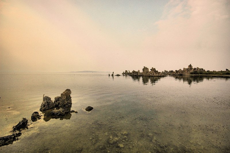 Eerie scene.jpg :: The lake is about two and one half times as salty as the ocean. On this day fires from the Eastern Sierra's constantly altered the environment and the photographic captures.