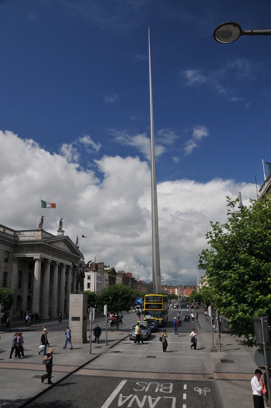 OConnell St.jpg :: O'Connell street is the main street of Dublin and is considered City Center. The Spire of Dublin also know as the Monument of Light was  commissioned in the late 1990's,  to improve the streetscape, it is 398 feet tall.