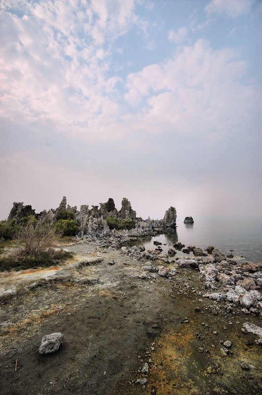 Planet Mono.jpg :: This scene creates the feeling of being on another planet, the lake is behind the Tufa obscured by the smoke and haze.