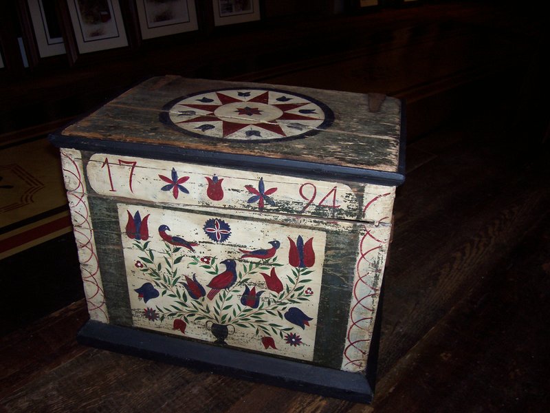 100_1880.jpg :: Vintage box with dutch dower chest panel decoration $195.00