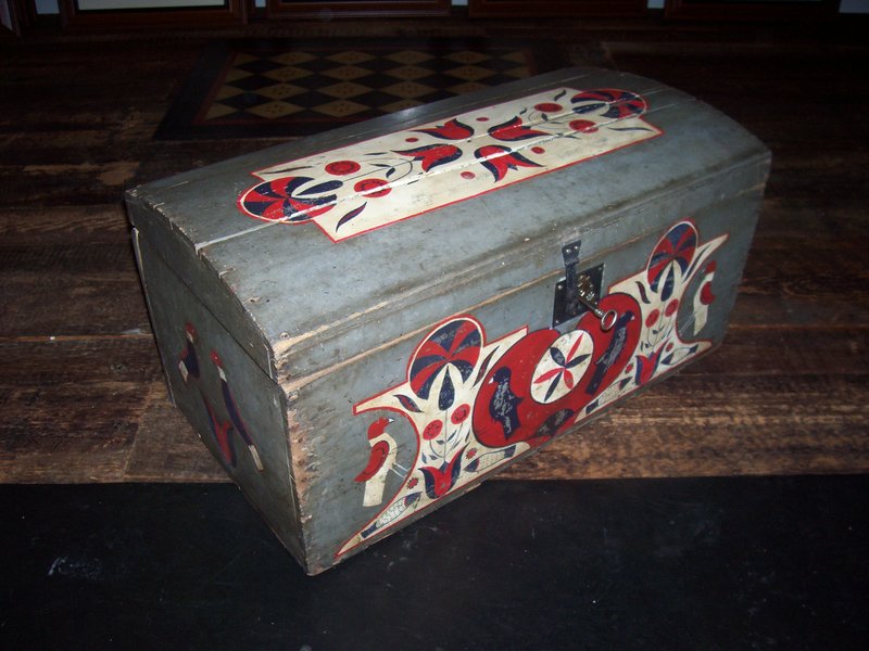100_1883.jpg :: circa 1840 dome lid trunk, original blue grey ground with Sarah's dower chest design, includes  Lock and key. After a well known chest $345.00. 