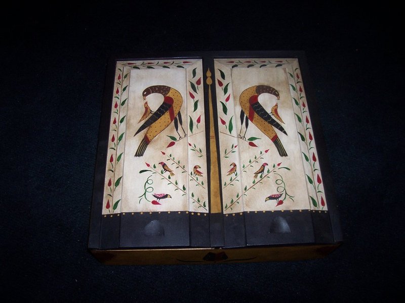 100_2313.jpg :: Double candle box  with important PA fraktur design   $195.00
