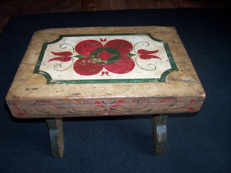 100_2326.jpg :: Antique stool with tulip decoration  -   great patina!   $165.00
