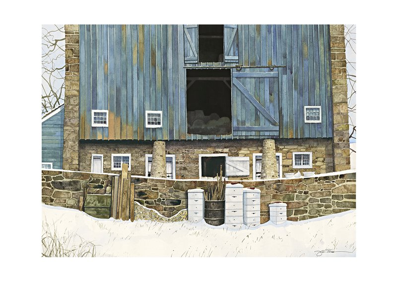 Freshly Fallen.jpg :: A ride through the Berks County countryside inspired John in creating this image of a crisp, blue barn on a winter morning.  The color and conical stone support columns are indicative of barn architecture in that part of Pennsylvania.