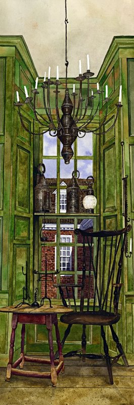 Nine Over Nine.jpg :: Click on the BUY NOW button to browse sizes/prices or to place an order.  About NINE OVER NINE:  A frame of nine rippled glass window panes hangs over nine lower panes to give a comfortable view of the street from this elegant parlor.