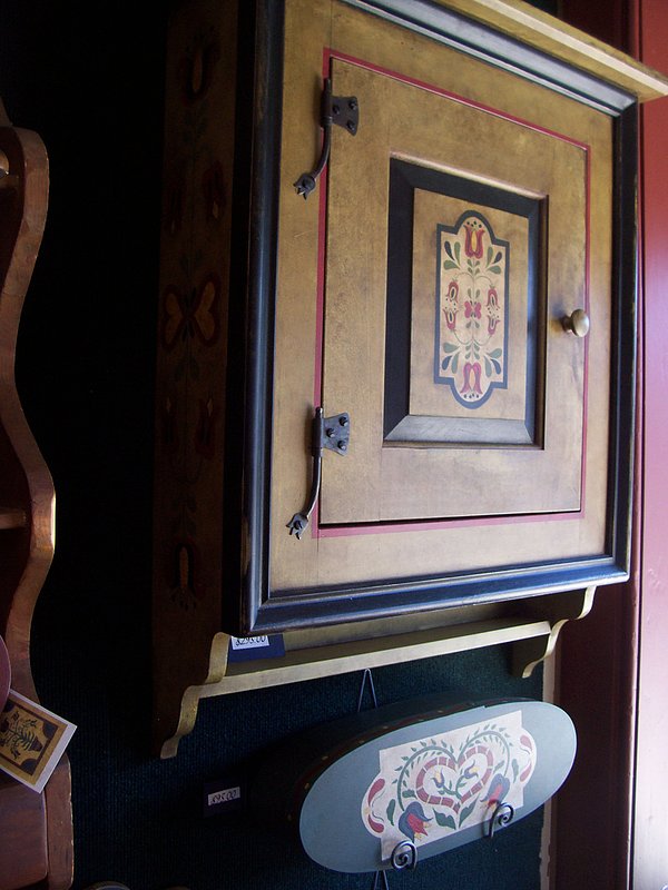 SOLD..3.jpg :: Hanging Dutch Cupboard, Hand painted and aged with hand forged Tulip hinges. $295.00