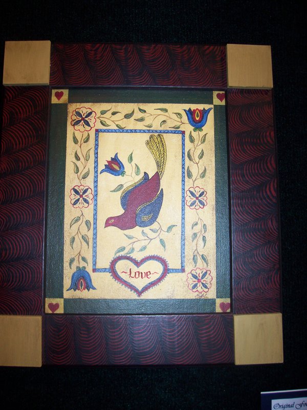 Sold35.jpg :: Love Bird. Original folk art painting in hand grained frame 12 x 14 $195.00 