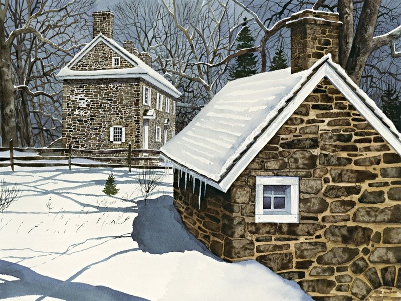 Winter Spring House.jpg :: Click on the BUY NOW button to browse sizes/prices or to place an order.  About WINTER SPRING HOUSE:  A frosty morning makes it a long trip to get water for Sunday baths.