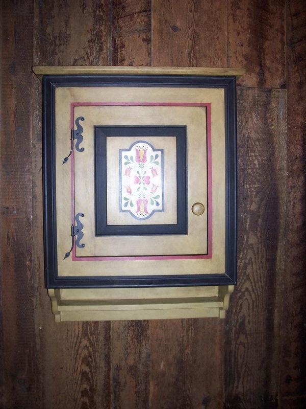 sold..33.jpg :: Hanging cupboard waith decorated panel and moravian rat tail hinges $325.00