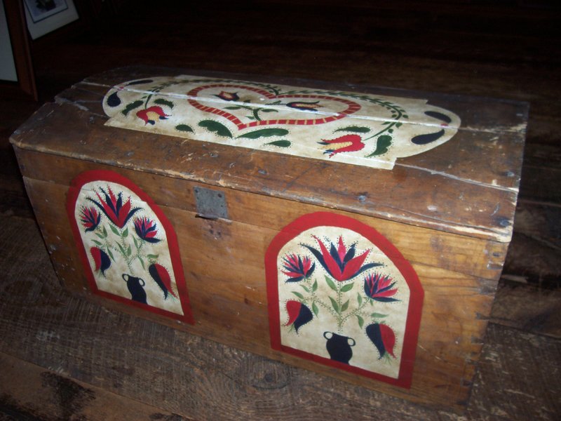 sold..9.jpg :: SOLD>>>>Circa 1840 dome lid box, nicely dovetailed. Square nails. Painted and aged by Sarah with panneled tulip pattern. Copied from a Seltzer chest circa 1790.  $ 295.00
