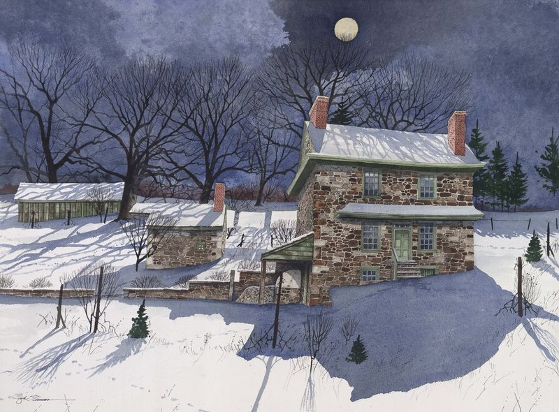 After Hours (Original) 34x42.jpg :: A beautiful snowfall blankets a darkened home as the night shadows stretch out in the light of a full moon.  Inspired by John Chadd House, \