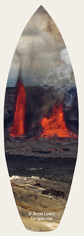 Episode 15_BJL7690s Bird.jpg :: The white-tailed tropicbird, also known as Koa'e kea in Hawaiian, is a seabird that breeds on tropical islands and lives in the crater walls of Kilauea Volcano's Halemaumau Vent.
Adults have a 3-foot wingspan.
Episode 15 eruption, Lava fountain, Kilauea volcano, Hawaii Volcanoes National Park, The Big Island of Hawaii. 3-26-25

?Printed in the shape of a surfboard