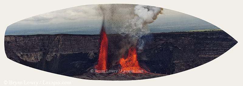 Episode 15_BJL7690s-2H Bird.jpg :: The white-tailed tropicbird, also known as Koa'e kea in Hawaiian, is a seabird that breeds on tropical islands and lives in the crater walls of Kilauea Volcano's Halemaumau Vent.
Adults have a 3-foot wingspan.
Episode 15 eruption, Lava fountain, Kilauea volcano, Hawaii Volcanoes National Park, The Big Island of Hawaii. 3-26-25

?Printed in the shape of a surfboard