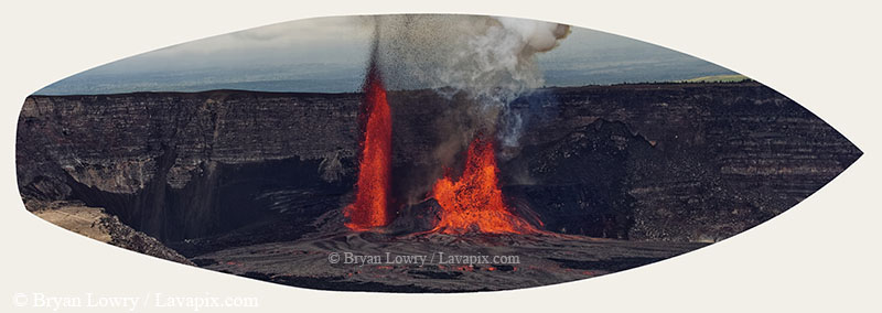 Episode 15_BJL7690s-3H Birds Road.jpg :: The white-tailed tropicbird, also known as Koa'e kea in Hawaiian, is a seabird that breeds on tropical islands and lives in the crater walls of Kilauea Volcano's Halemaumau Vent.
Adults have a 3-foot wingspan.
Episode 15 eruption, Lava fountain, Kilauea volcano, Hawaii Volcanoes National Park, The Big Island of Hawaii. 3-26-25

?Printed in the shape of a surfboard