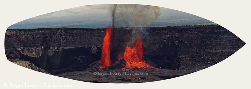 Episode 15_BJL7694s-2H Birds Road.jpg :: The white-tailed tropicbird, also known as Koa'e kea in Hawaiian, is a seabird that breeds on tropical islands and lives in the crater walls of Kilauea Volcano's Halemaumau Vent.
Adults have a 3-foot wingspan.
Episode 15 eruption, Lava fountain, Kilauea volcano, Hawaii Volcanoes National Park, The Big Island of Hawaii. 3-26-25

?Printed in the shape of a surfboard