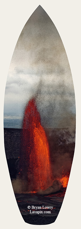 Episode 15_BJL7698s Bird.jpg :: The white-tailed tropicbird, also known as Koa'e kea in Hawaiian, is a seabird that breeds on tropical islands and lives in the crater walls of Kilauea Volcano's Halemaumau Vent.
Adults have a 3-foot wingspan.
Episode 15 eruption, Lava fountain, Kilauea volcano, Hawaii Volcanoes National Park, The Big Island of Hawaii. 3-26-25

?Printed in the shape of a surfboard