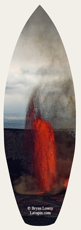 Episode 15_BJL7700s Bird.jpg :: The white-tailed tropicbird, also known as Koa'e kea in Hawaiian, is a seabird that breeds on tropical islands and lives in the crater walls of Kilauea Volcano's Halemaumau Vent.
Adults have a 3-foot wingspan.
Episode 15 eruption, Lava fountain, Kilauea volcano, Hawaii Volcanoes National Park, The Big Island of Hawaii. 3-26-25

?Printed in the shape of a surfboard