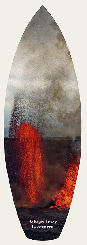 Episode 15_BJL7701s Bird.jpg :: The white-tailed tropicbird, also known as Koa'e kea in Hawaiian, is a seabird that breeds on tropical islands and lives in the crater walls of Kilauea Volcano's Halemaumau Vent.
Adults have a 3-foot wingspan.
Episode 15 eruption, Lava fountain, Kilauea volcano, Hawaii Volcanoes National Park, The Big Island of Hawaii. 3-26-25

?Printed in the shape of a surfboard