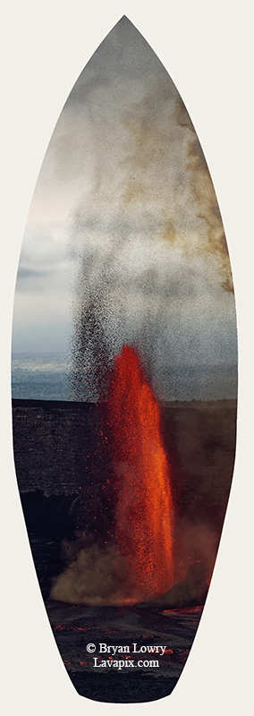 Episode 15_BJL7703s Bird.jpg :: The white-tailed tropicbird, also known as Koa'e kea in Hawaiian, is a seabird that breeds on tropical islands and lives in the crater walls of Kilauea Volcano's Halemaumau Vent.
Adults have a 3-foot wingspan.
Episode 15 eruption, Lava fountain, Kilauea volcano, Hawaii Volcanoes National Park, The Big Island of Hawaii. 3-26-25

?Printed in the shape of a surfboard