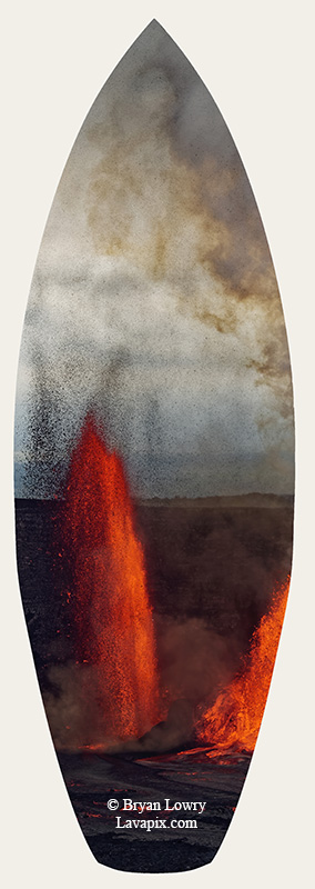 Episode 15_BJL7704s Bird.jpg :: The white-tailed tropicbird, also known as Koa'e kea in Hawaiian, is a seabird that breeds on tropical islands and lives in the crater walls of Kilauea Volcano's Halemaumau Vent.
Adults have a 3-foot wingspan.
Episode 15 eruption, Lava fountain, Kilauea volcano, Hawaii Volcanoes National Park, The Big Island of Hawaii. 3-26-25

?Printed in the shape of a surfboard