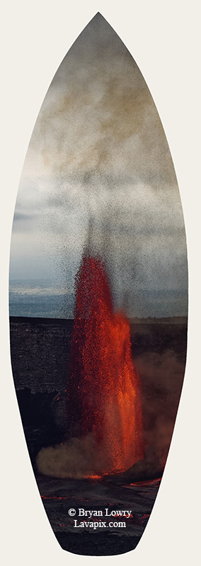 Episode 15_BJL7705s Bird.jpg :: The white-tailed tropicbird, also known as Koa'e kea in Hawaiian, is a seabird that breeds on tropical islands and lives in the crater walls of Kilauea Volcano's Halemaumau Vent.
Adults have a 3-foot wingspan.
Episode 15 eruption, Lava fountain, Kilauea volcano, Hawaii Volcanoes National Park, The Big Island of Hawaii. 3-26-25

?Printed in the shape of a surfboard