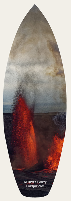 Episode 15_BJL7706s Bird.jpg :: The white-tailed tropicbird, also known as Koa'e kea in Hawaiian, is a seabird that breeds on tropical islands and lives in the crater walls of Kilauea Volcano's Halemaumau Vent.
Adults have a 3-foot wingspan.
Episode 15 eruption, Lava fountain, Kilauea volcano, Hawaii Volcanoes National Park, The Big Island of Hawaii. 3-26-25

?Printed in the shape of a surfboard