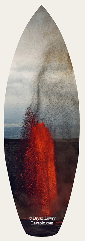 Episode 15_BJL7707s Bird.jpg :: The white-tailed tropicbird, also known as Koa'e kea in Hawaiian, is a seabird that breeds on tropical islands and lives in the crater walls of Kilauea Volcano's Halemaumau Vent.
Adults have a 3-foot wingspan.
Episode 15 eruption, Lava fountain, Kilauea volcano, Hawaii Volcanoes National Park, The Big Island of Hawaii. 3-26-25

?Printed in the shape of a surfboard