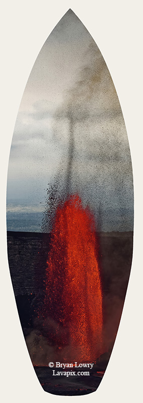 Episode 15_BJL7708s Bird.jpg :: The white-tailed tropicbird, also known as Koa'e kea in Hawaiian, is a seabird that breeds on tropical islands and lives in the crater walls of Kilauea Volcano's Halemaumau Vent.
Adults have a 3-foot wingspan.
Episode 15 eruption, Lava fountain, Kilauea volcano, Hawaii Volcanoes National Park, The Big Island of Hawaii. 3-26-25

?Printed in the shape of a surfboard