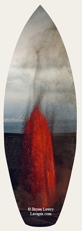 Episode 15_BJL7709s Bird.jpg :: The white-tailed tropicbird, also known as Koa'e kea in Hawaiian, is a seabird that breeds on tropical islands and lives in the crater walls of Kilauea Volcano's Halemaumau Vent.
Adults have a 3-foot wingspan.
Episode 15 eruption, Lava fountain, Kilauea volcano, Hawaii Volcanoes National Park, The Big Island of Hawaii. 3-26-25

?Printed in the shape of a surfboard