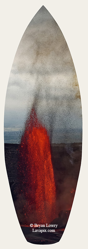 Episode 15_BJL7710s Bird.jpg :: The white-tailed tropicbird, also known as Koa'e kea in Hawaiian, is a seabird that breeds on tropical islands and lives in the crater walls of Kilauea Volcano's Halemaumau Vent.
Adults have a 3-foot wingspan.
Episode 15 eruption, Lava fountain, Kilauea volcano, Hawaii Volcanoes National Park, The Big Island of Hawaii. 3-26-25

?Printed in the shape of a surfboard