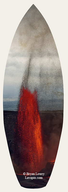 Episode 15_BJL7711s Bird.jpg :: The white-tailed tropicbird, also known as Koa'e kea in Hawaiian, is a seabird that breeds on tropical islands and lives in the crater walls of Kilauea Volcano's Halemaumau Vent.
Adults have a 3-foot wingspan.
Episode 15 eruption, Lava fountain, Kilauea volcano, Hawaii Volcanoes National Park, The Big Island of Hawaii. 3-26-25

?Printed in the shape of a surfboard