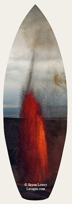 Episode 15_BJL7712s Bird.jpg :: The white-tailed tropicbird, also known as Koa'e kea in Hawaiian, is a seabird that breeds on tropical islands and lives in the crater walls of Kilauea Volcano's Halemaumau Vent.
Adults have a 3-foot wingspan.
Episode 15 eruption, Lava fountain, Kilauea volcano, Hawaii Volcanoes National Park, The Big Island of Hawaii. 3-26-25

?Printed in the shape of a surfboard