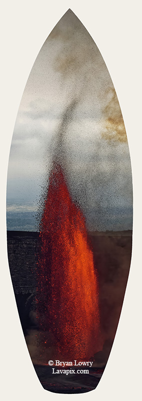 Episode 15_BJL7713s.jpg :: The white-tailed tropicbird, also known as Koa'e kea in Hawaiian, is a seabird that breeds on tropical islands and lives in the crater walls of Kilauea Volcano's Halemaumau Vent.
Adults have a 3-foot wingspan.
Episode 15 eruption, Lava fountain, Kilauea volcano, Hawaii Volcanoes National Park, The Big Island of Hawaii. 3-26-25

?Printed in the shape of a surfboard