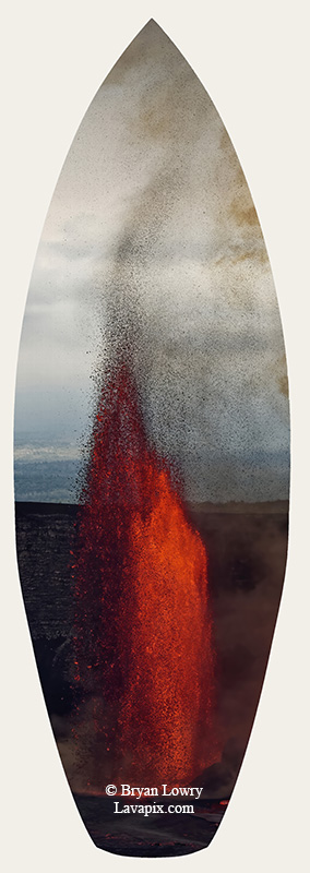 Episode 15_BJL7714s Bird.jpg :: The white-tailed tropicbird, also known as Koa'e kea in Hawaiian, is a seabird that breeds on tropical islands and lives in the crater walls of Kilauea Volcano's Halemaumau Vent.
Adults have a 3-foot wingspan.
Episode 15 eruption, Lava fountain, Kilauea volcano, Hawaii Volcanoes National Park, The Big Island of Hawaii. 3-26-25

?Printed in the shape of a surfboard