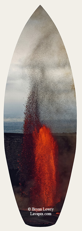 Episode 15_BJL7715s.jpg :: The white-tailed tropicbird, also known as Koa'e kea in Hawaiian, is a seabird that breeds on tropical islands and lives in the crater walls of Kilauea Volcano's Halemaumau Vent.
Adults have a 3-foot wingspan.
Episode 15 eruption, Lava fountain, Kilauea volcano, Hawaii Volcanoes National Park, The Big Island of Hawaii. 3-26-25

?Printed in the shape of a surfboard