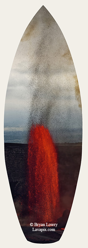 Episode 15_BJL7716s Bird.jpg :: The white-tailed tropicbird, also known as Koa'e kea in Hawaiian, is a seabird that breeds on tropical islands and lives in the crater walls of Kilauea Volcano's Halemaumau Vent.
Adults have a 3-foot wingspan.
Episode 15 eruption, Lava fountain, Kilauea volcano, Hawaii Volcanoes National Park, The Big Island of Hawaii. 3-26-25

?Printed in the shape of a surfboard