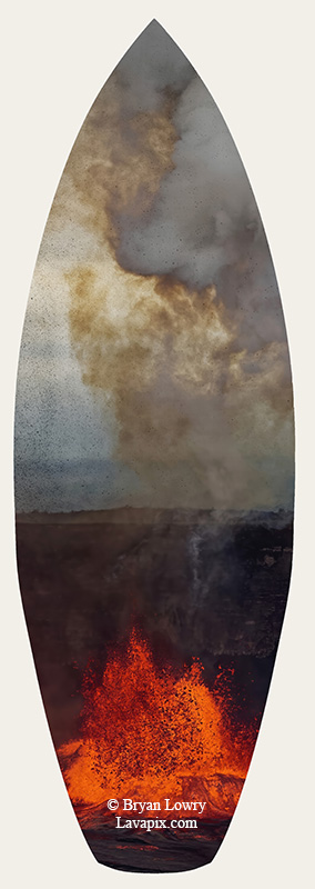 Episode 15_BJL7716s-2.jpg :: The white-tailed tropicbird, also known as Koa'e kea in Hawaiian, is a seabird that breeds on tropical islands and lives in the crater walls of Kilauea Volcano's Halemaumau Vent.
Adults have a 3-foot wingspan.
Episode 15 eruption, Lava fountain, Kilauea volcano, Hawaii Volcanoes National Park, The Big Island of Hawaii. 3-26-25

?Printed in the shape of a surfboard