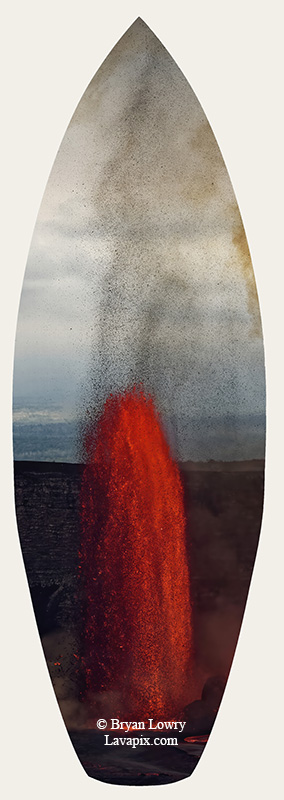 Episode 15_BJL7717s Bird.jpg :: The white-tailed tropicbird, also known as Koa'e kea in Hawaiian, is a seabird that breeds on tropical islands and lives in the crater walls of Kilauea Volcano's Halemaumau Vent.
Adults have a 3-foot wingspan.
Episode 15 eruption, Lava fountain, Kilauea volcano, Hawaii Volcanoes National Park, The Big Island of Hawaii. 3-26-25

?Printed in the shape of a surfboard