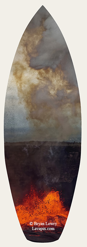 Episode 15_BJL7717s-2.jpg :: The white-tailed tropicbird, also known as Koa'e kea in Hawaiian, is a seabird that breeds on tropical islands and lives in the crater walls of Kilauea Volcano's Halemaumau Vent.
Adults have a 3-foot wingspan.
Episode 15 eruption, Lava fountain, Kilauea volcano, Hawaii Volcanoes National Park, The Big Island of Hawaii. 3-26-25

?Printed in the shape of a surfboard