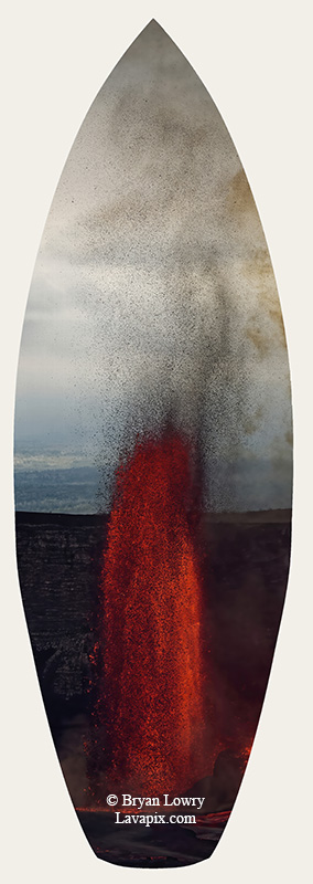 Episode 15_BJL7718s.jpg :: The white-tailed tropicbird, also known as Koa'e kea in Hawaiian, is a seabird that breeds on tropical islands and lives in the crater walls of Kilauea Volcano's Halemaumau Vent.
Adults have a 3-foot wingspan.
Episode 15 eruption, Lava fountain, Kilauea volcano, Hawaii Volcanoes National Park, The Big Island of Hawaii. 3-26-25

?Printed in the shape of a surfboard