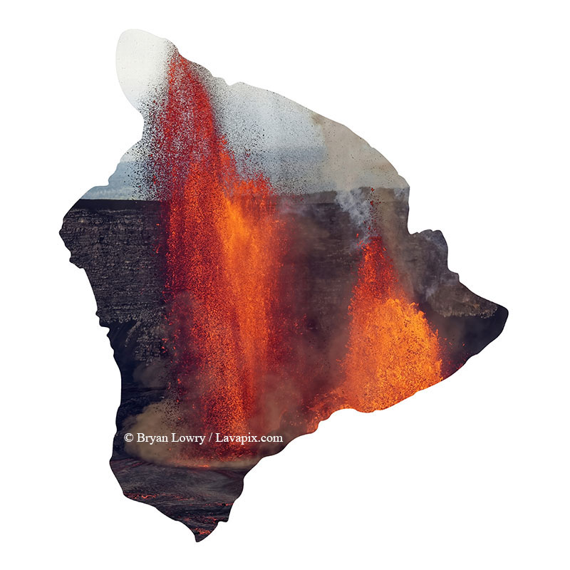 Episode 15_BJL7727 Big Island.jpg :: The white-tailed tropicbird, also known as Koa'e kea in Hawaiian, is a seabird that breeds on tropical islands and lives in the crater walls of Kilauea Volcano's Halemaumau Vent.
Adults have a 3-foot wingspan.
Episode 15 eruption, Lava fountain, Kilauea volcano, Hawaii Volcanoes National Park, The Big Island of Hawaii. 3-26-25

?Printed in the shape of The Big Island of Hawaii
