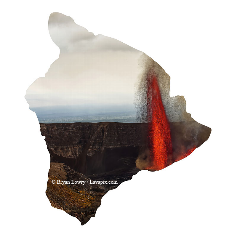 Episode 15_BJL7744-2 Big Island.jpg :: The white-tailed tropicbird, also known as Koa'e kea in Hawaiian, is a seabird that breeds on tropical islands and lives in the crater walls of Kilauea Volcano's Halemaumau Vent.
Adults have a 3-foot wingspan.
Episode 15 eruption, Lava fountain, Kilauea volcano, Hawaii Volcanoes National Park, The Big Island of Hawaii. 3-26-25

?Printed in the shape of The Big Island of Hawaii
