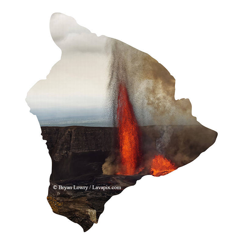 Episode 15_BJL7747-2 Big Island.jpg :: The white-tailed tropicbird, also known as Koa'e kea in Hawaiian, is a seabird that breeds on tropical islands and lives in the crater walls of Kilauea Volcano's Halemaumau Vent.
Adults have a 3-foot wingspan.
Episode 15 eruption, Lava fountain, Kilauea volcano, Hawaii Volcanoes National Park, The Big Island of Hawaii. 3-26-25

?Printed in the shape of The Big Island of Hawaii
