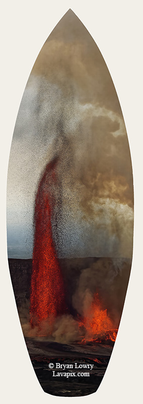 Episode 15_BJL7753s.jpg :: The white-tailed tropicbird, also known as Koa'e kea in Hawaiian, is a seabird that breeds on tropical islands and lives in the crater walls of Kilauea Volcano's Halemaumau Vent.
Adults have a 3-foot wingspan.
Episode 15 eruption, Lava fountain, Kilauea volcano, Hawaii Volcanoes National Park, The Big Island of Hawaii. 3-26-25

?Printed in the shape of a surfboard