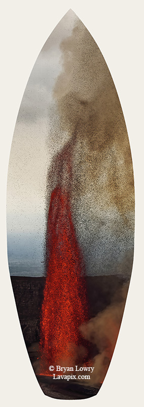 Episode 15_BJL7756s.jpg :: The white-tailed tropicbird, also known as Koa'e kea in Hawaiian, is a seabird that breeds on tropical islands and lives in the crater walls of Kilauea Volcano's Halemaumau Vent.
Adults have a 3-foot wingspan.
Episode 15 eruption, Lava fountain, Kilauea volcano, Hawaii Volcanoes National Park, The Big Island of Hawaii. 3-26-25

?Printed in the shape of a surfboard