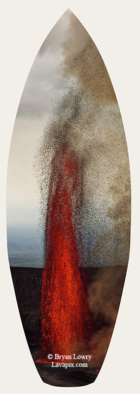 Episode 15_BJL7762s.jpg :: The white-tailed tropicbird, also known as Koa'e kea in Hawaiian, is a seabird that breeds on tropical islands and lives in the crater walls of Kilauea Volcano's Halemaumau Vent.
Adults have a 3-foot wingspan.
Episode 15 eruption, Lava fountain, Kilauea volcano, Hawaii Volcanoes National Park, The Big Island of Hawaii. 3-26-25

?Printed in the shape of a surfboard