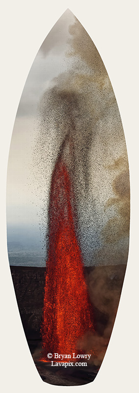 Episode 15_BJL7765s.jpg :: The white-tailed tropicbird, also known as Koa'e kea in Hawaiian, is a seabird that breeds on tropical islands and lives in the crater walls of Kilauea Volcano's Halemaumau Vent.
Adults have a 3-foot wingspan.
Episode 15 eruption, Lava fountain, Kilauea volcano, Hawaii Volcanoes National Park, The Big Island of Hawaii. 3-26-25

?Printed in the shape of a surfboard