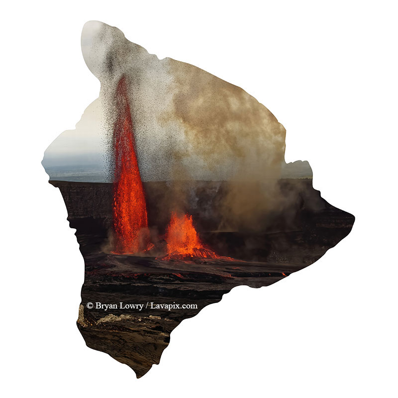 Episode 15_BJL7766 Big Island.jpg :: The white-tailed tropicbird, also known as Koa'e kea in Hawaiian, is a seabird that breeds on tropical islands and lives in the crater walls of Kilauea Volcano's Halemaumau Vent.
Adults have a 3-foot wingspan.
Episode 15 eruption, Lava fountain, Kilauea volcano, Hawaii Volcanoes National Park, The Big Island of Hawaii. 3-26-25

?Printed in the shape of The Big Island of Hawaii
